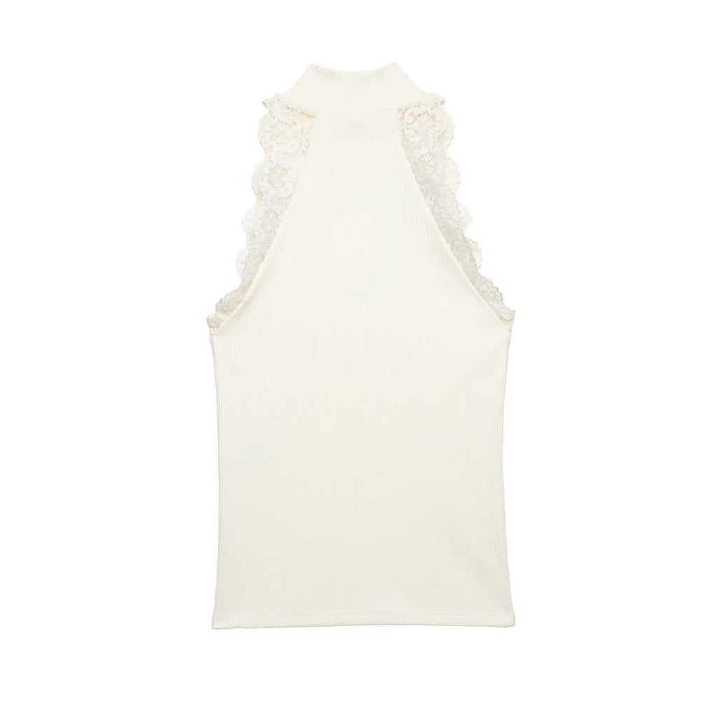 Women's Office Sleeveless Half Turtleneck Lace Rib T-Shirt