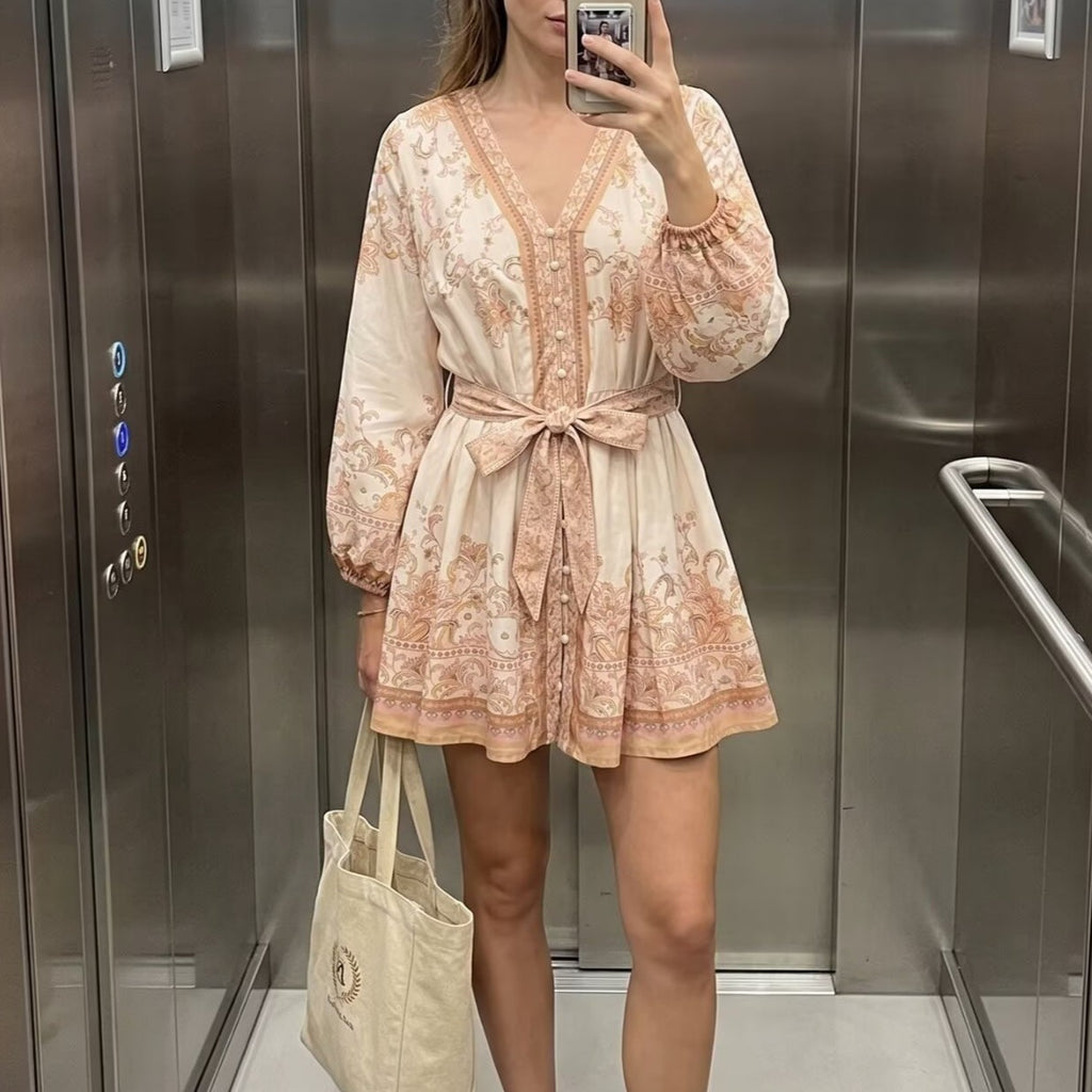 Women's spring dress, cream with terracotta print, tie belt, long puff sleeves