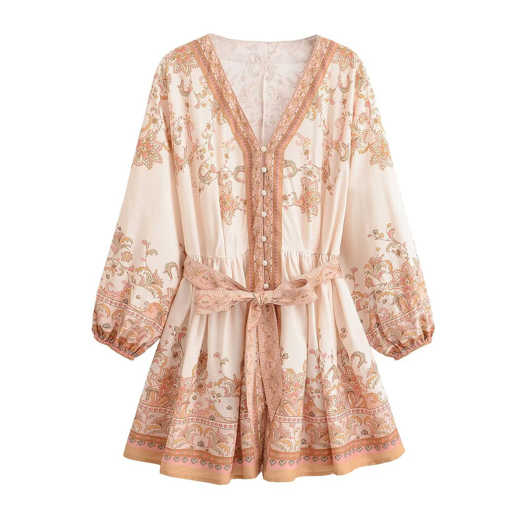 Spring dress with cream base, terracotta floral border print, button front, tie waist