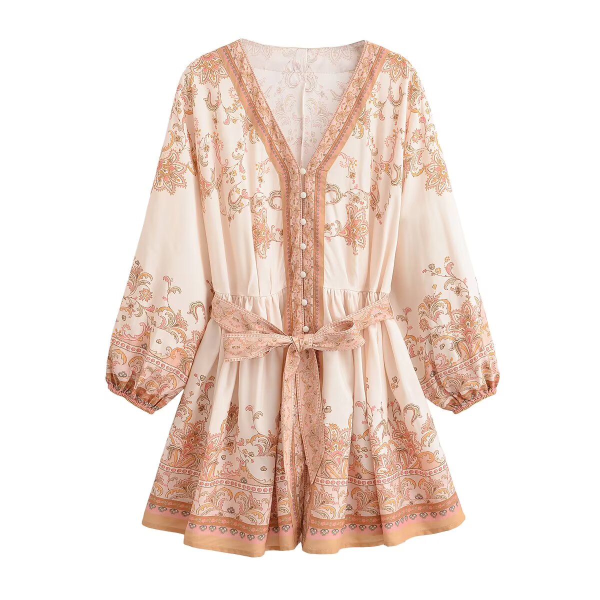 Spring dress with cream base, terracotta floral border print, button front, tie waist