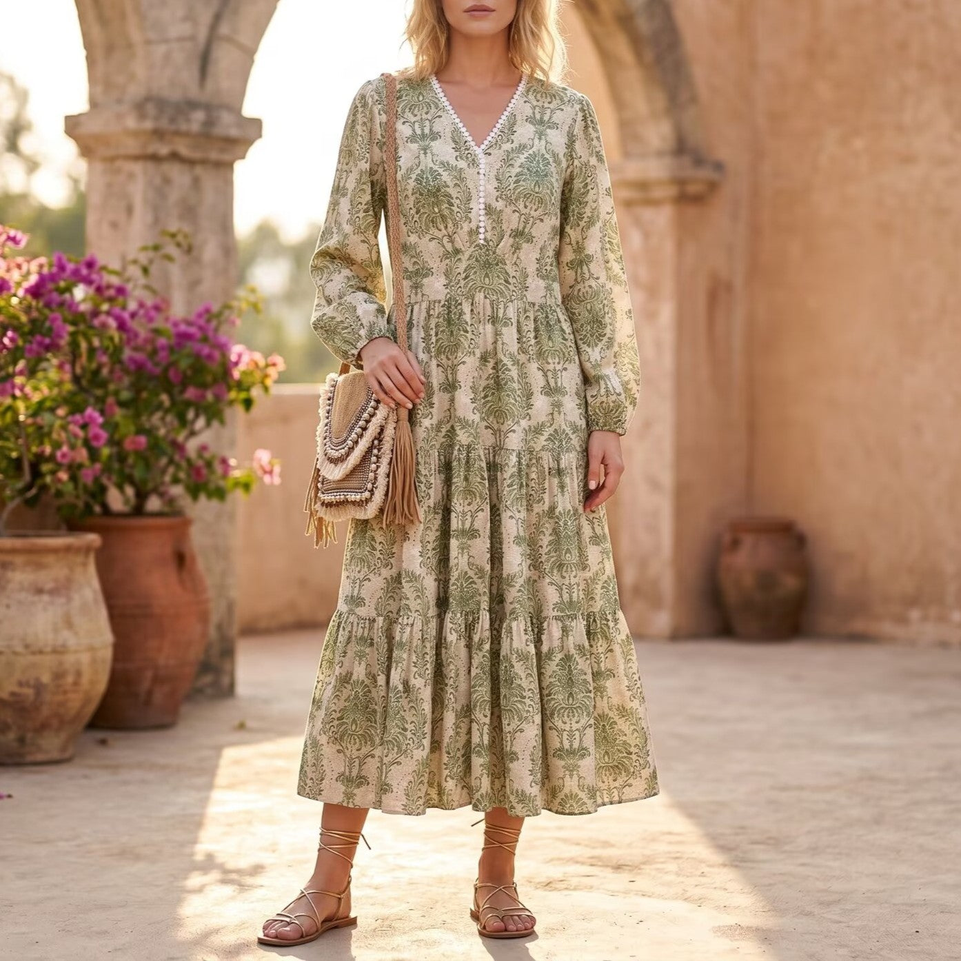 Green lace-style casual dress, V-neck, long sleeves, tiered skirt, patterned fabric