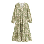 Green patterned lace-style casual dress, V-neck, long sleeves, tiered ruffle hem