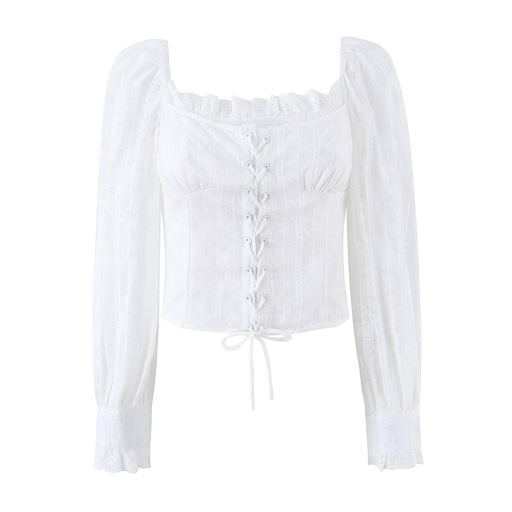 French Royal Lace Lace Band Waist Slimming Square Collar Long Sleeve Tops Shirt Women Summer
