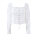 French Royal Lace Lace Band Waist Slimming Square Collar Long Sleeve Tops Shirt Women Summer