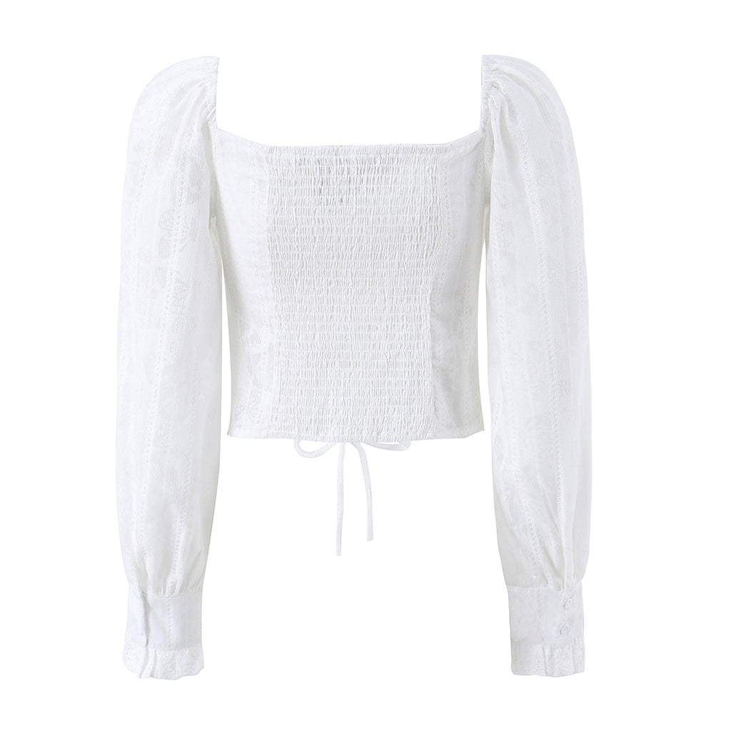 French Royal Lace Lace Band Waist Slimming Square Collar Long Sleeve Tops Shirt Women Summer