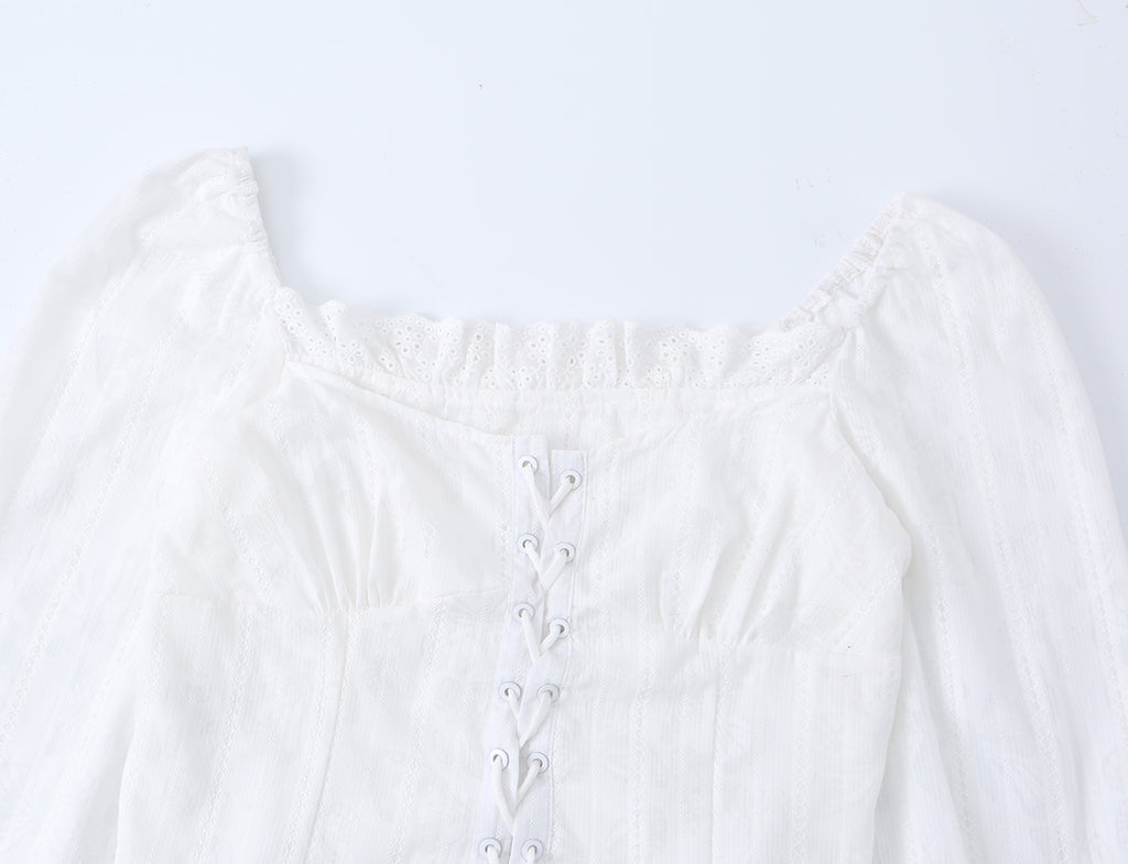 French Royal Lace Lace Band Waist Slimming Square Collar Long Sleeve Tops Shirt Women Summer