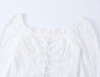 French Royal Lace Lace Band Waist Slimming Square Collar Long Sleeve Tops Shirt Women Summer