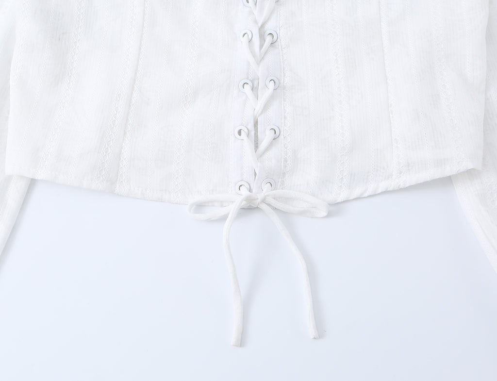 French Royal Lace Lace Band Waist Slimming Square Collar Long Sleeve Tops Shirt Women Summer