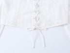 French Royal Lace Lace Band Waist Slimming Square Collar Long Sleeve Tops Shirt Women Summer
