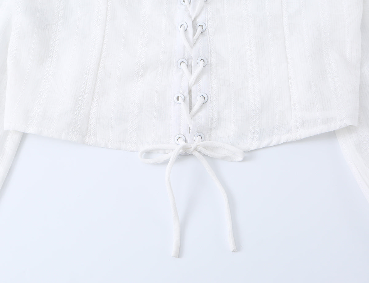 French Royal Lace Lace Band Waist Slimming Square Collar Long Sleeve Tops Shirt Women Summer
