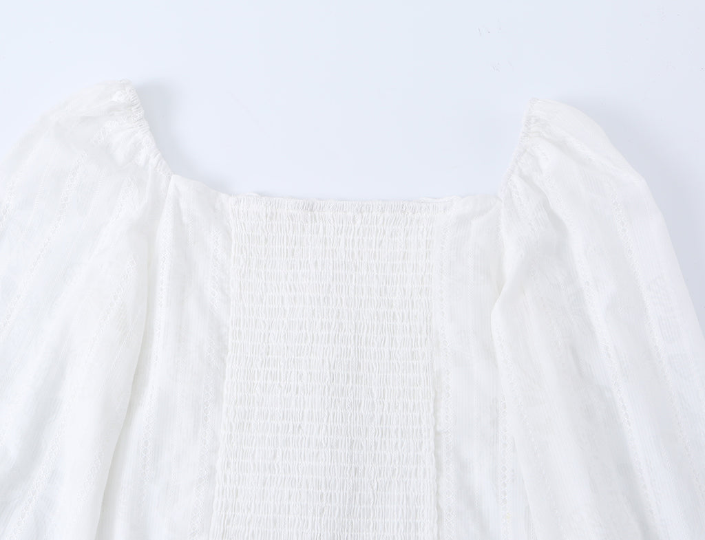 French Royal Lace Lace Band Waist Slimming Square Collar Long Sleeve Tops Shirt Women Summer