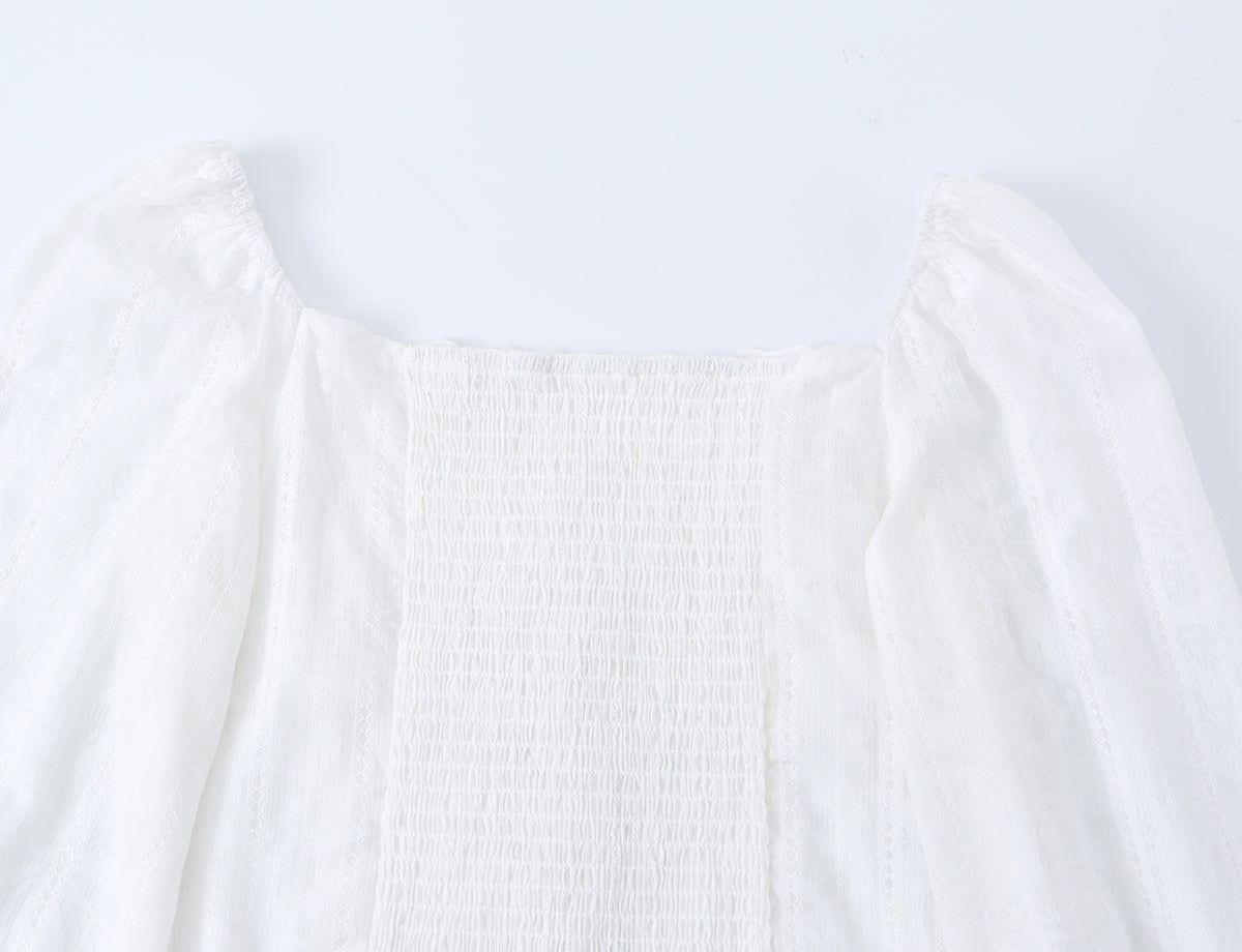 French Royal Lace Lace Band Waist Slimming Square Collar Long Sleeve Tops Shirt Women Summer