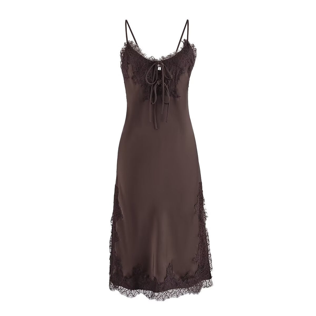 Lace summer slip dress, dark brown, spaghetti straps and lace-trim hem