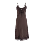 Lace summer slip dress, dark brown, spaghetti straps and lace-trim hem