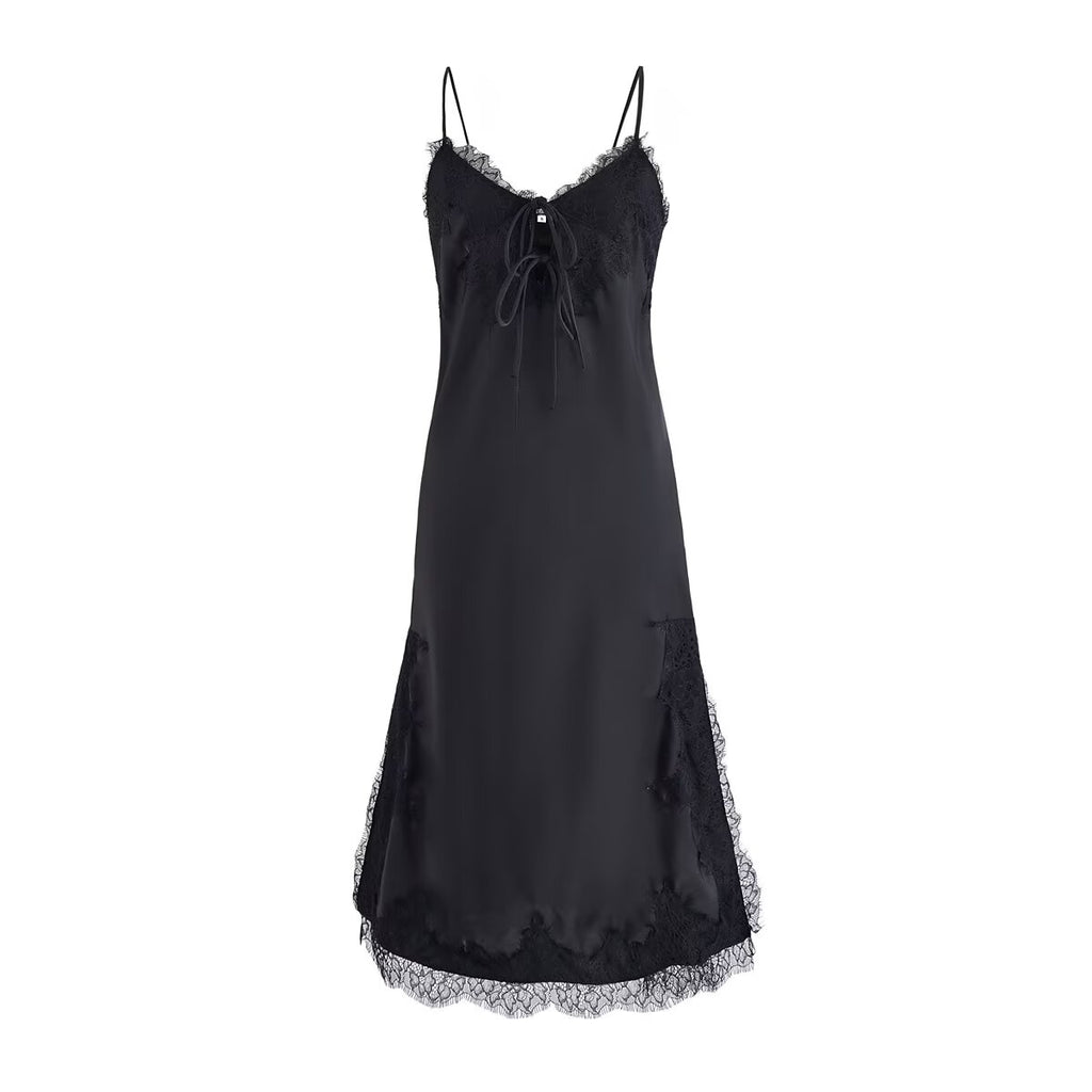 Lace summer slip dress, black, spaghetti straps with lace neckline and hem