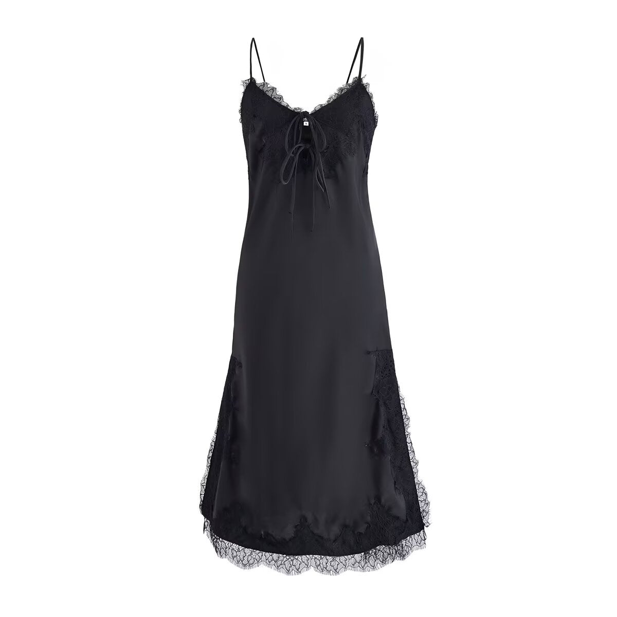 Lace summer slip dress, black, spaghetti straps with lace neckline and hem
