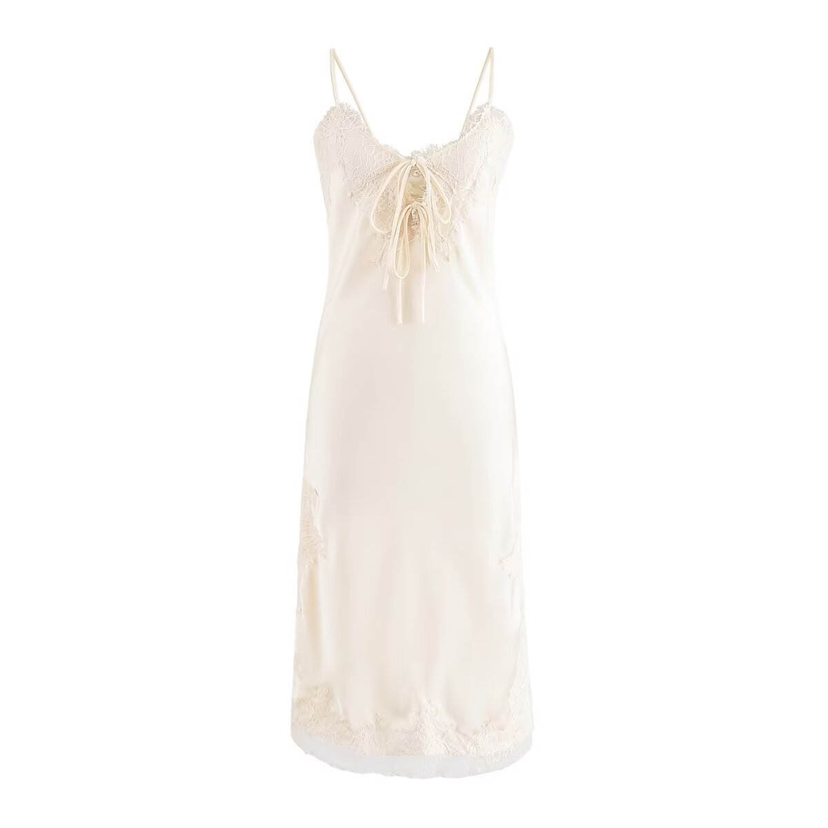 Lace summer slip dress, off-white, spaghetti straps and bow-tie lace neckline