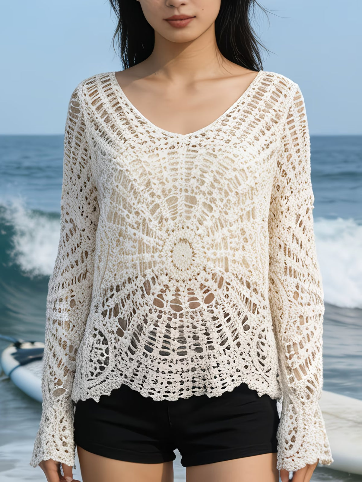 Women's Openwork Lace Knit Long Sleeved Sun Protective Cover Up Top