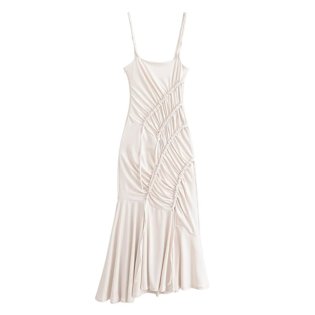 Off-white maxi pleated dress with spaghetti straps and ruched diagonal front panel