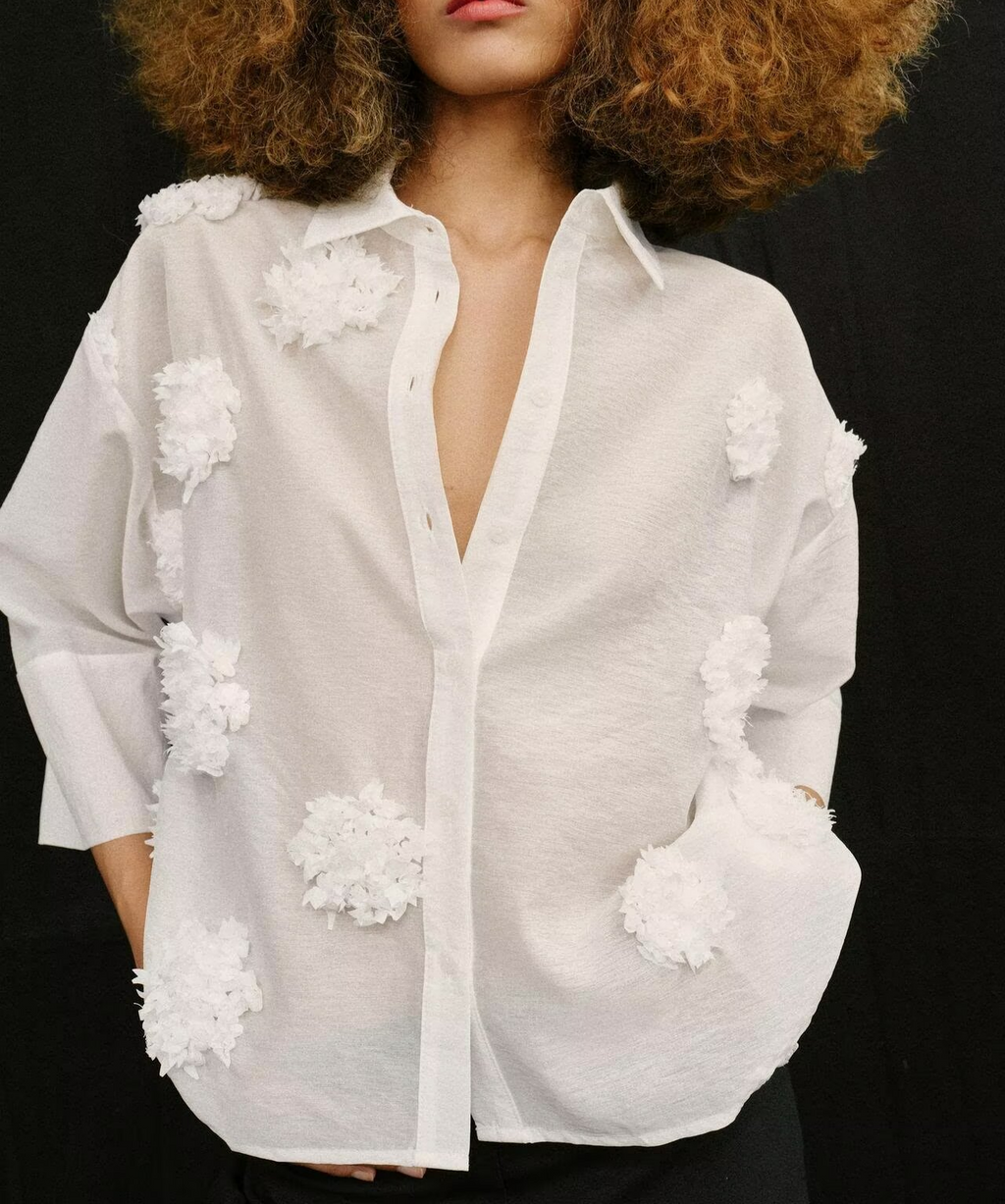 Women's Polo Collar Embossed Floral Vertical Shirt