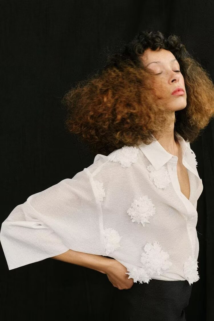 Women's Polo Collar Embossed Floral Vertical Shirt