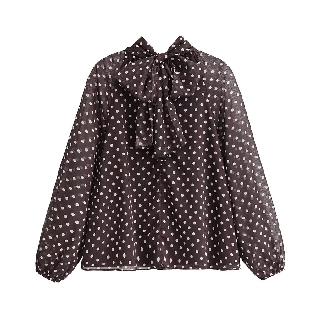 Women's Autumn Bowknot Decoration Polka Dot Printed Shirt
