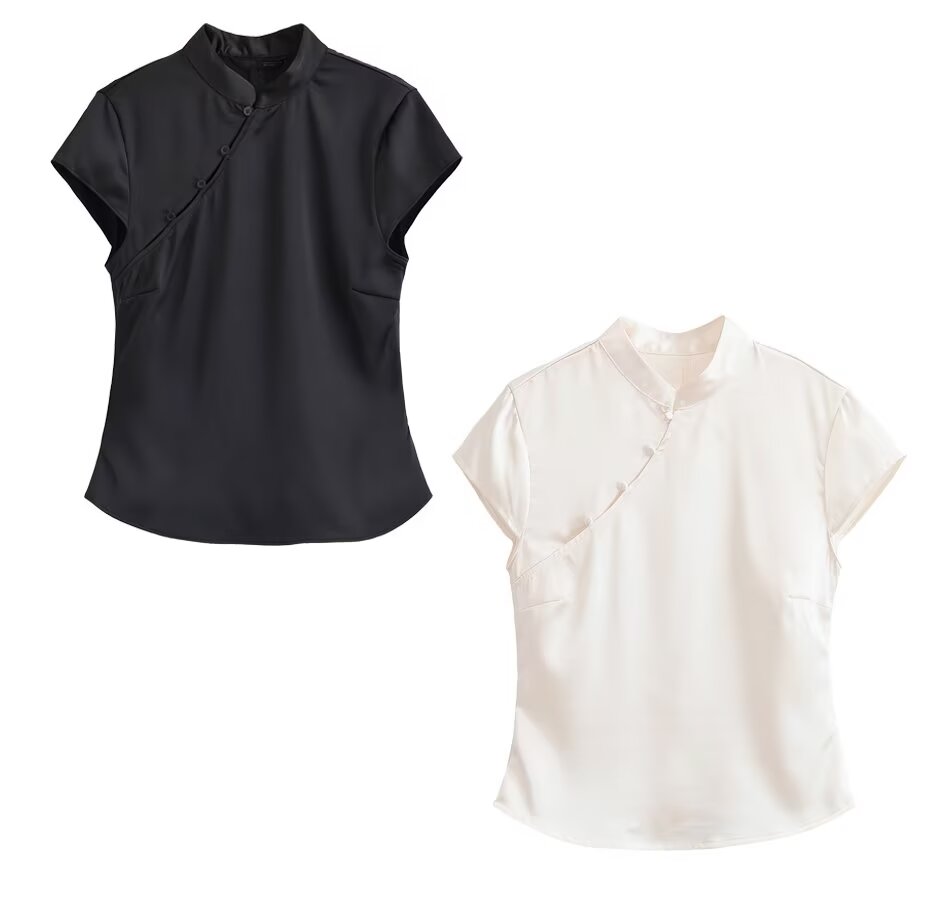 Women's Button Decoration Silk Satin Top