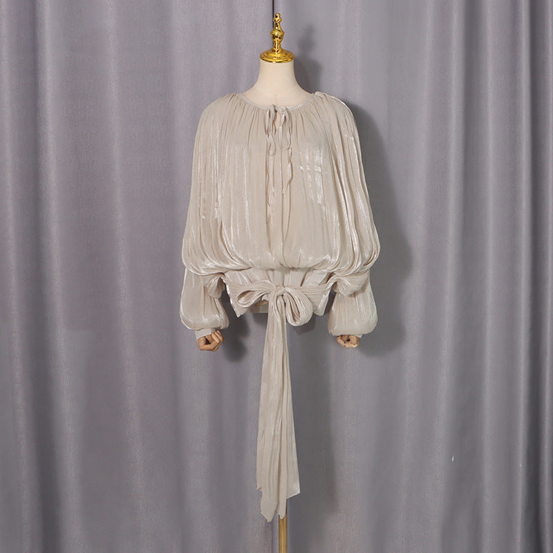 Women's Elegant Lady Shirt Women Spring Collar Long Sleeve Mesh Stitching High Grade Top