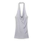 Silver sleeveless knit dress with draped cowl neckline