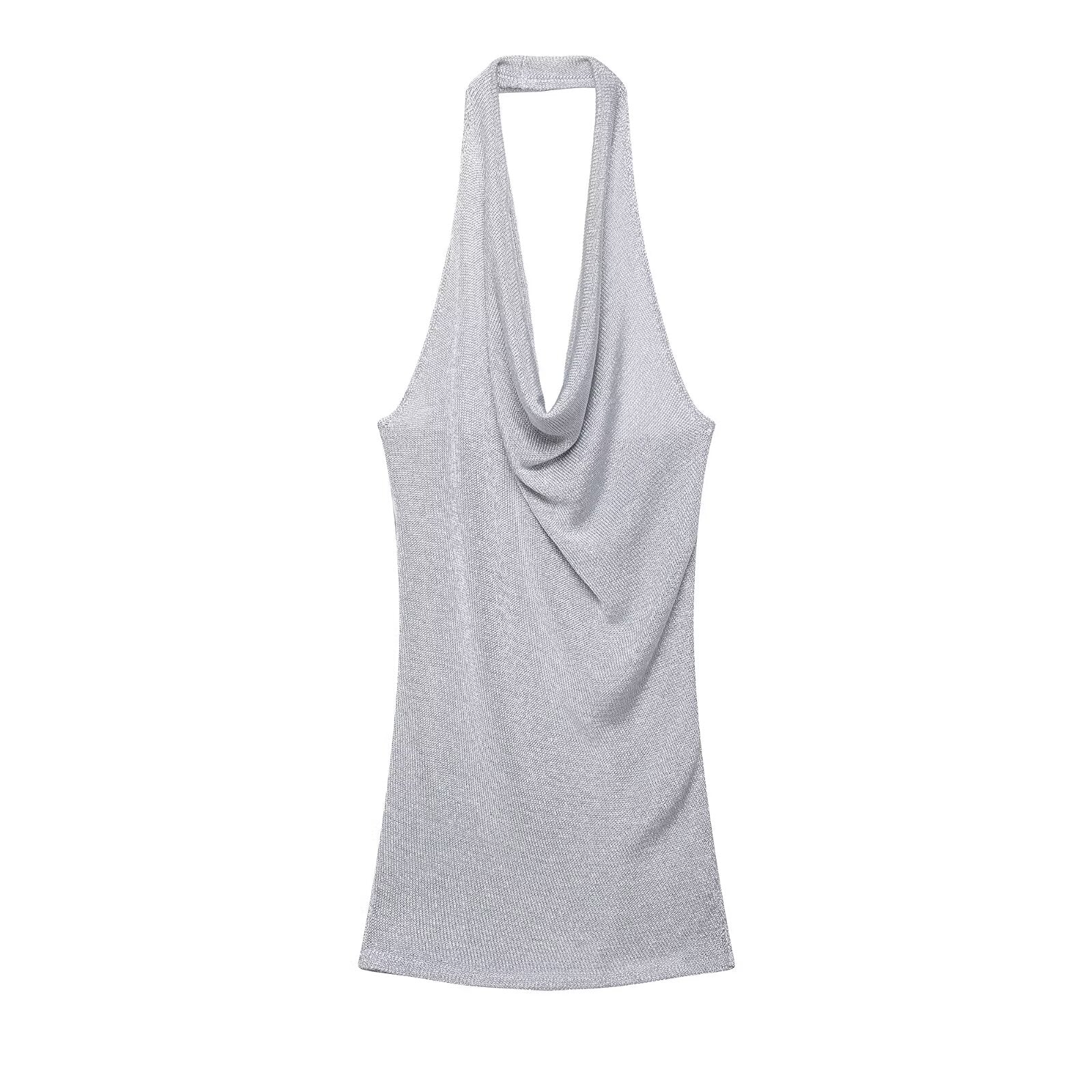 Silver sleeveless knit dress with draped cowl neckline