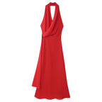Red halter maxi dress with draped cowl neckline and sleeveless bodice