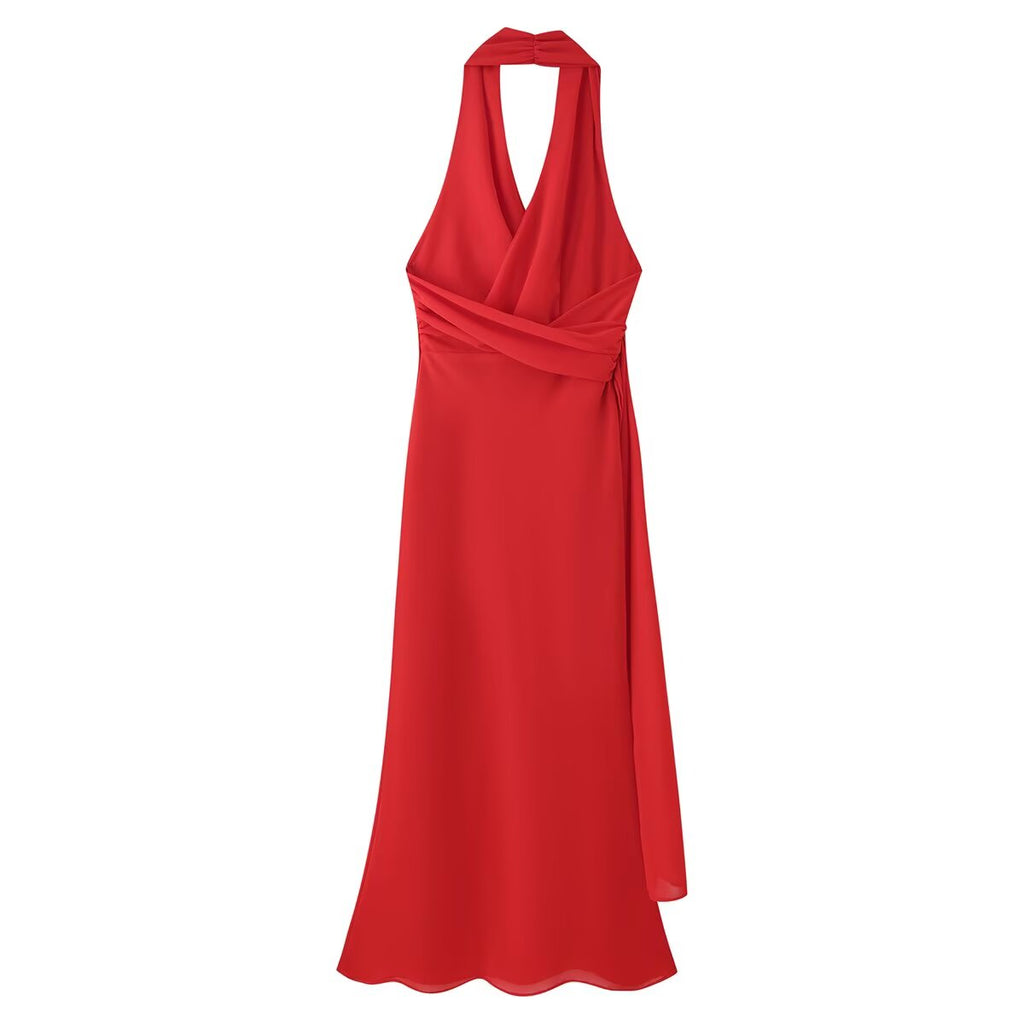 Red halter maxi dress with cross-back drape and sleeveless design