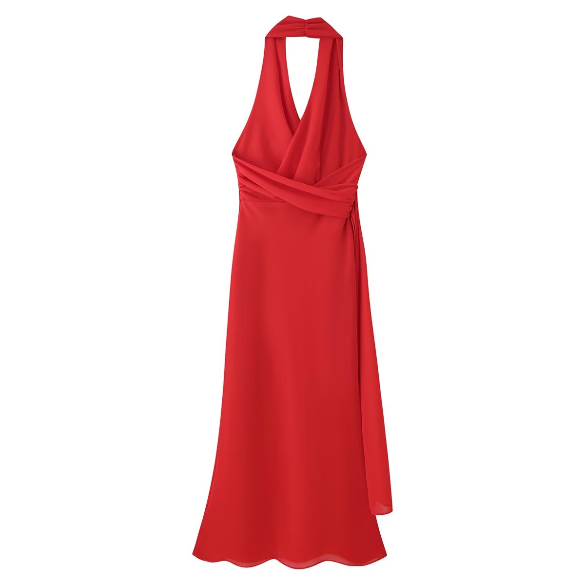 Red halter maxi dress with cross-back drape and sleeveless design