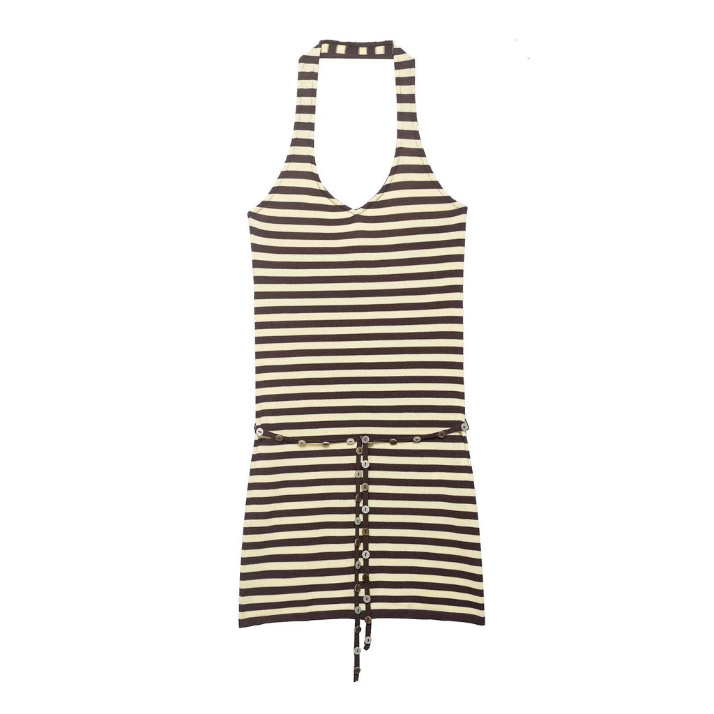 Striped halter mini dress with tie belt and button front