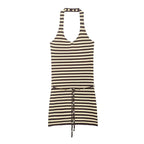 Striped halter mini dress with tie belt and button front