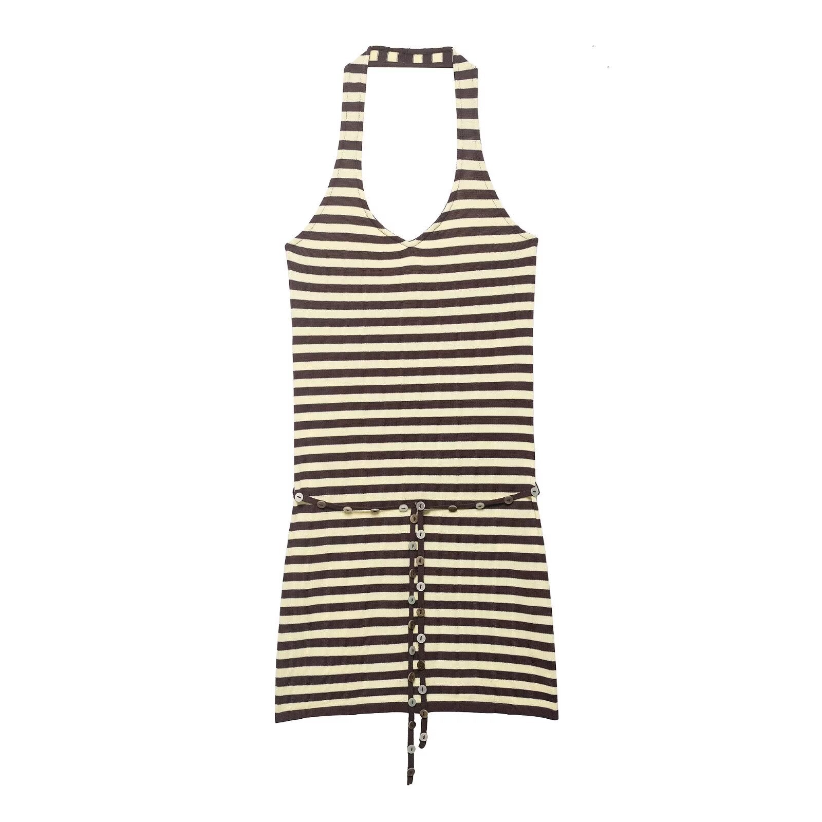 Striped halter mini dress with tie belt and button front