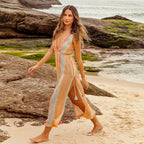 Women's orange stripe crochet maxi cover-up dress