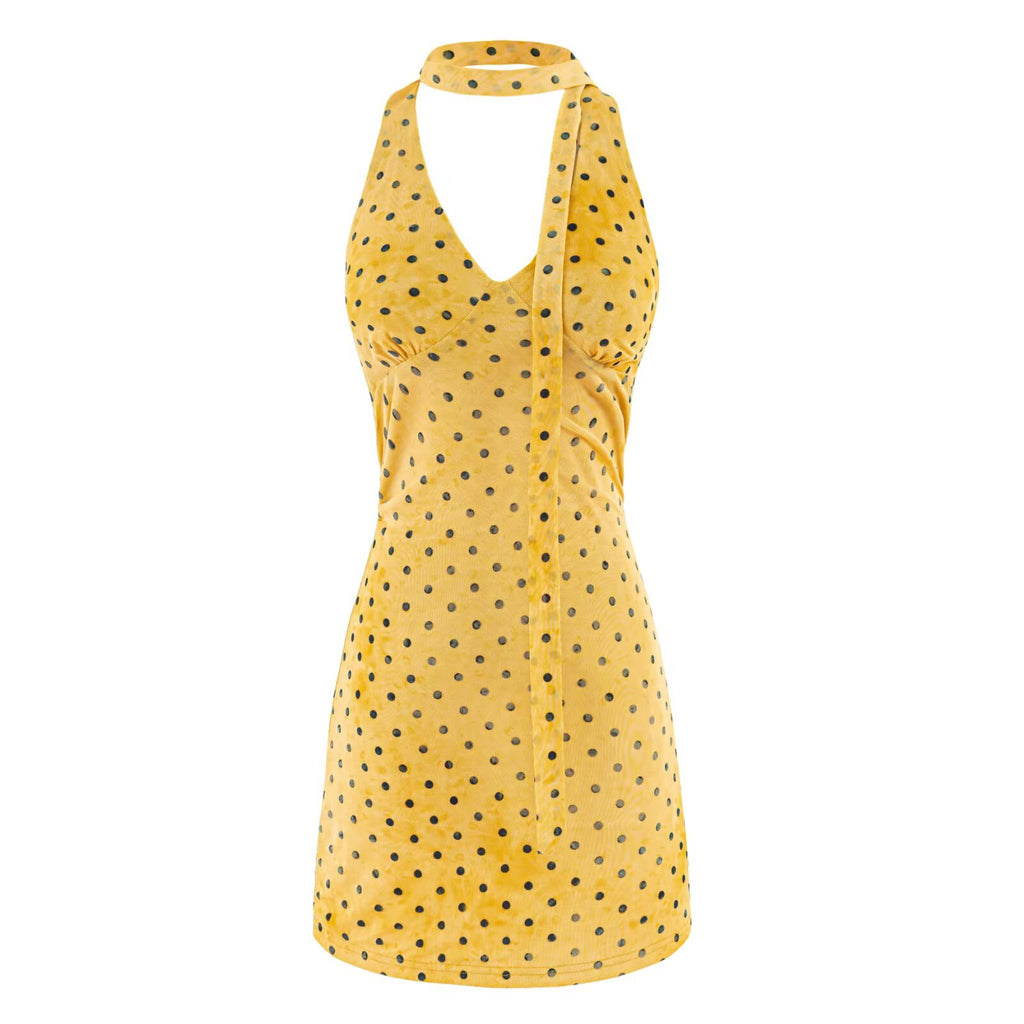 Yellow polka-dot backless halter mini dress with button front