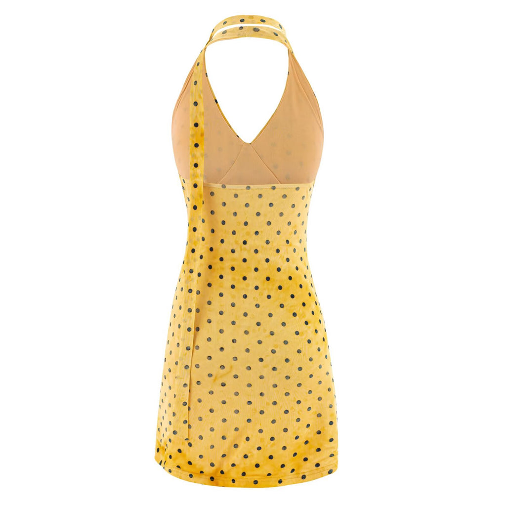 Yellow polka-dot backless halter mini dress, open back and gathered waist