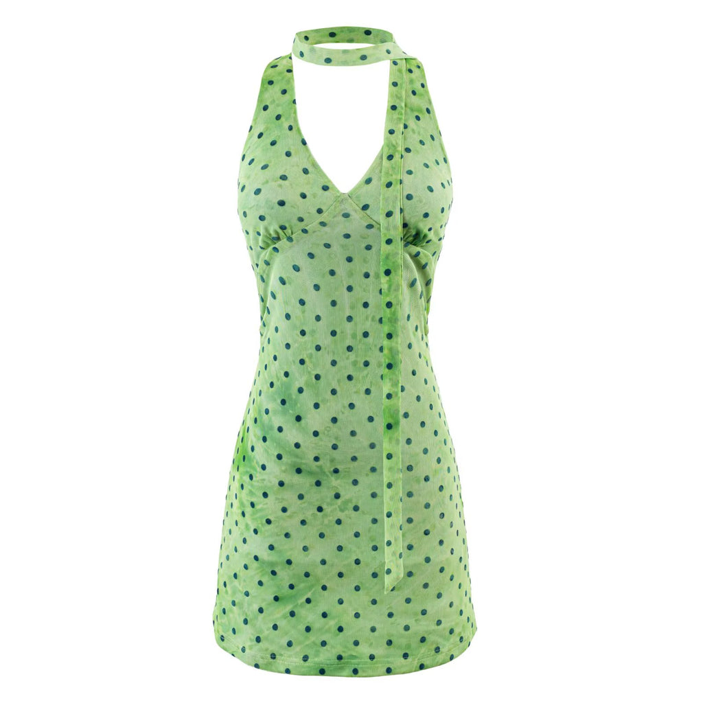 Green polka-dot backless halter mini dress with button front