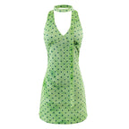 Green polka-dot backless halter mini dress with button front