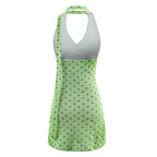 Green polka-dot backless halter mini dress with V neckline and button placket