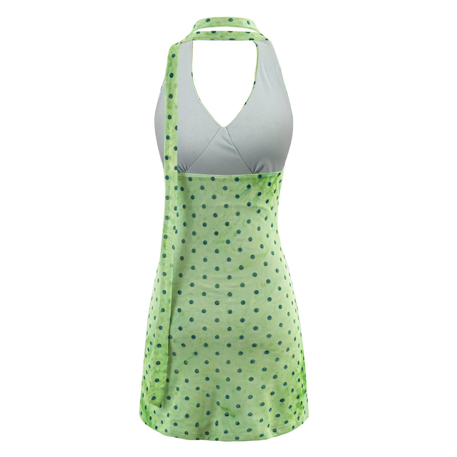 Green polka-dot backless halter mini dress with V neckline and button placket