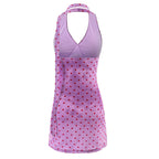 Purple and pink polka-dot backless halter mini dress with wide open back
