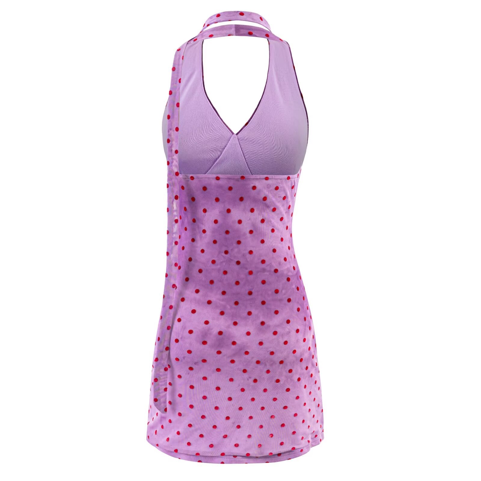 Purple and pink polka-dot backless halter mini dress with wide open back