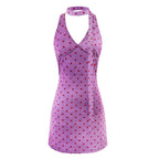 Purple polka-dot backless halter mini dress with button placket and open back