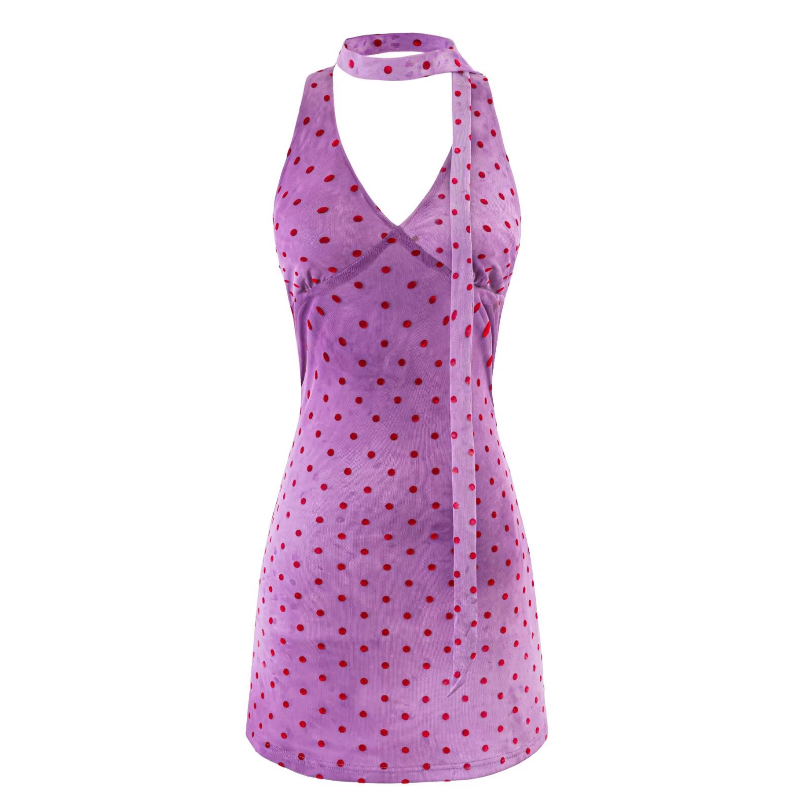 Purple polka-dot backless halter mini dress with button placket and open back
