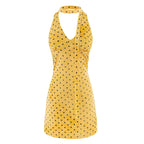 Yellow polka-dot backless halter mini dress with button placket and open back