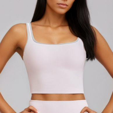 Lilac-pink ribbed tank swim top with wide straps and square neckline