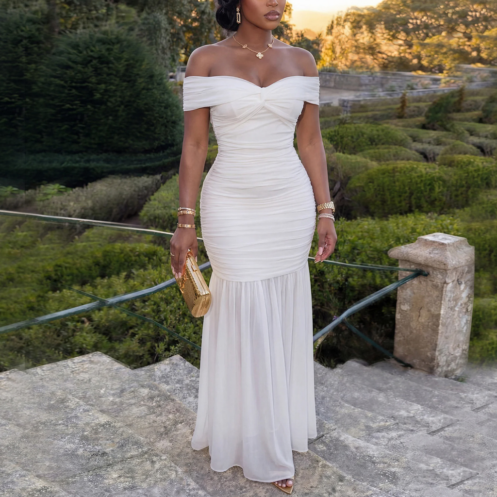 White off-shoulder ruched maxi dress, sweetheart neckline, draped bodice